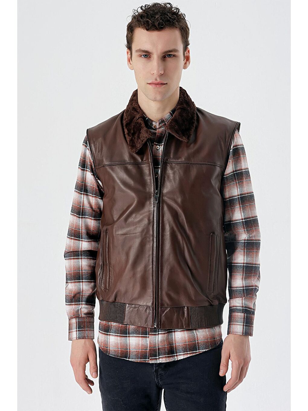 Koyu Kahverengi Gömlek Yaka Hakiki Deri Comfort Fit Rahat Kesim Casual Mont 1038235208-6