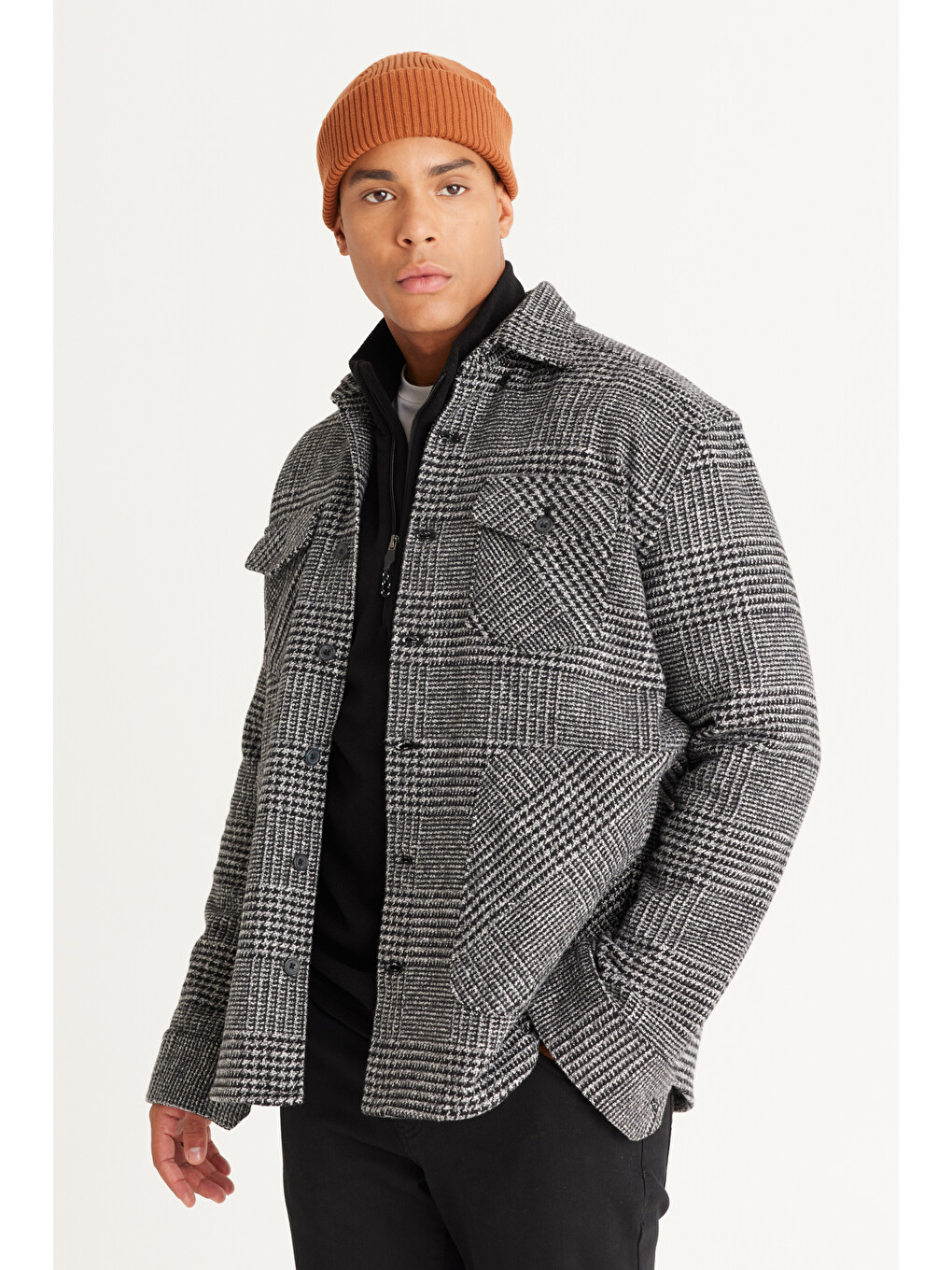 Erkek Siyah-beyaz Oversize Fit Geniş Kesim Gizli Düğme Yaka Desenli Gömlek Ceket-4