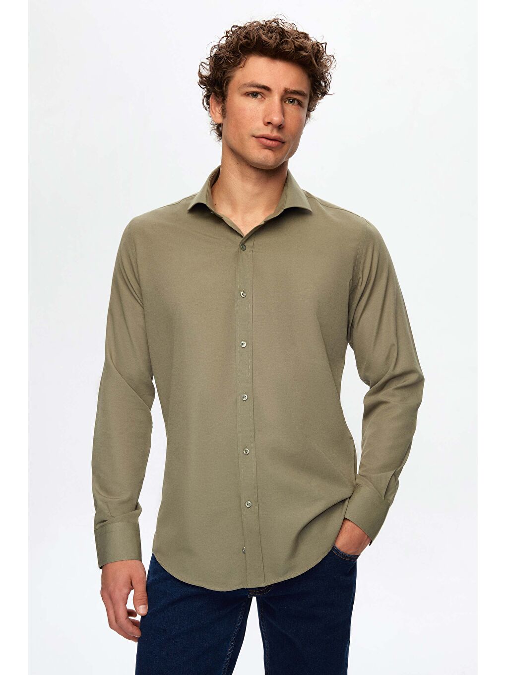Slim Fit Haki İtalyan Yaka Dar Kesim Klasik Kravatlık Uzun Kol Kolay Ütülenebilir Gömlek