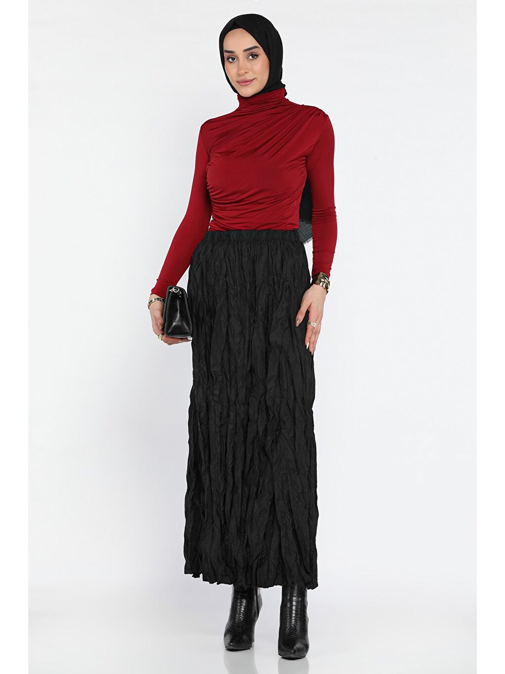 Siyah Kadın Bel Lastikli Kraş Tesettür Etek-1