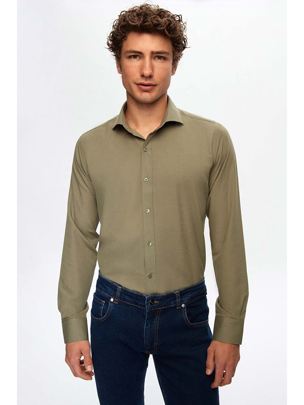 Slim Fit Haki İtalyan Yaka Dar Kesim Klasik Kravatlık Uzun Kol Kolay Ütülenebilir Gömlek-1