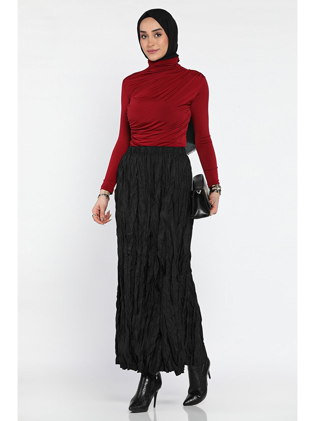 Siyah Kadın Bel Lastikli Kraş Tesettür Etek-3