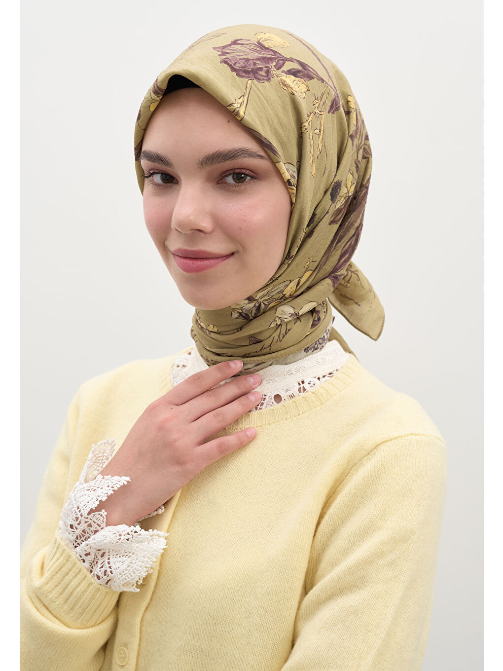 Garden Joy Desen Pamuklu Viskon Eşarp Haki-1