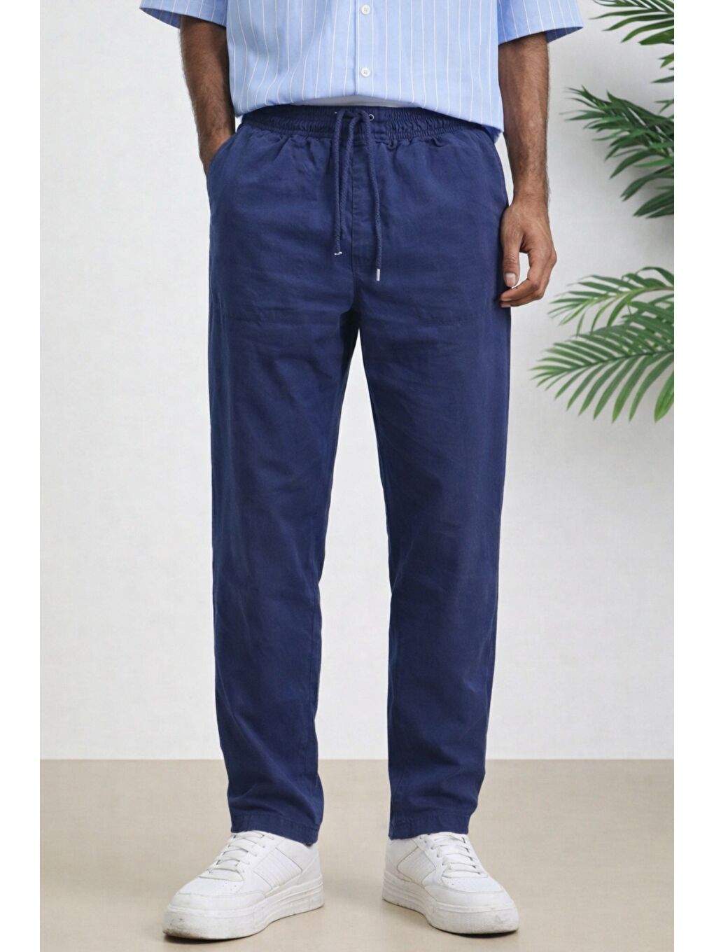 Lacivert Renk Erkek Yazlık Keten Karışımı Relaxed Pantolon