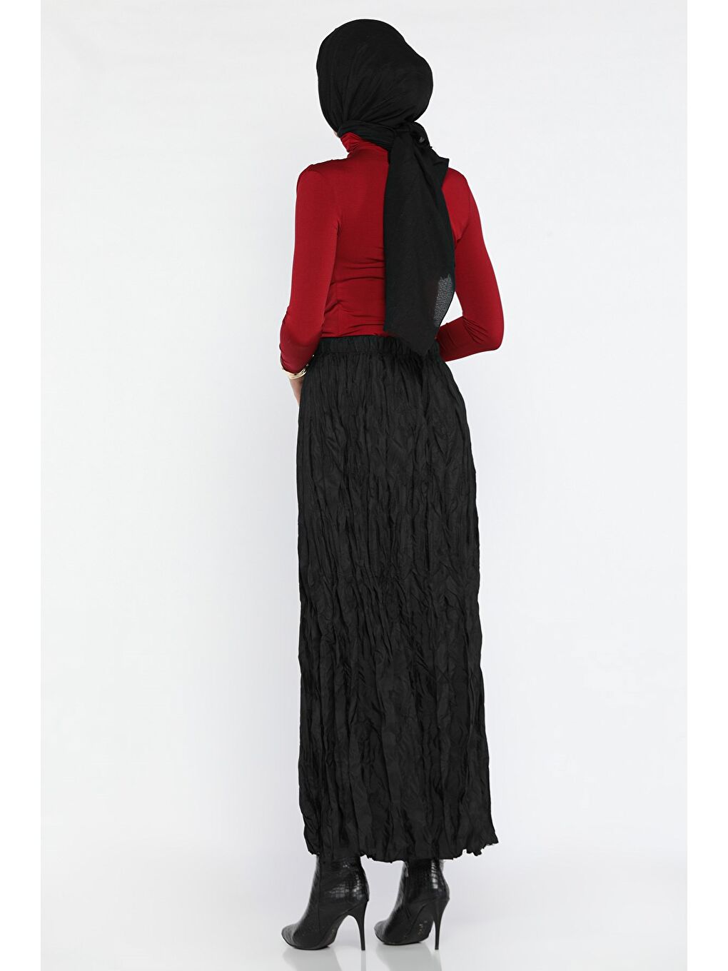 Siyah Kadın Bel Lastikli Kraş Tesettür Etek-5