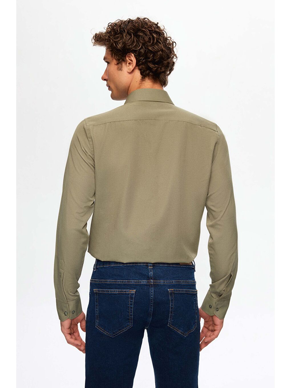 Slim Fit Haki İtalyan Yaka Dar Kesim Klasik Kravatlık Uzun Kol Kolay Ütülenebilir Gömlek-3