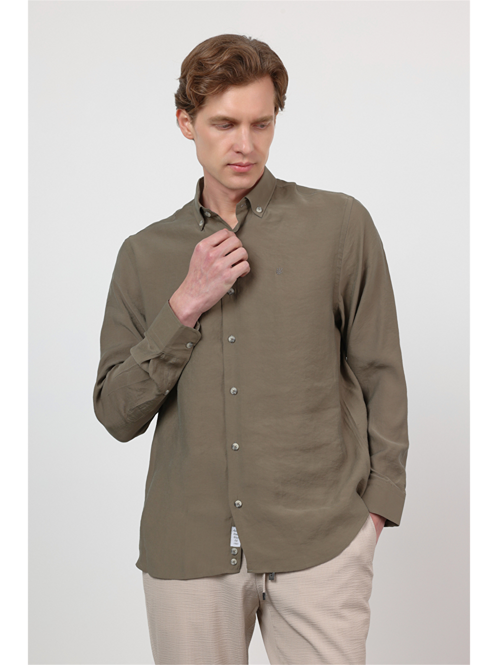Haki Düğmeli Yaka Uzun Kol Cepsiz Slim Fit Modal Gömlek 1004260162
