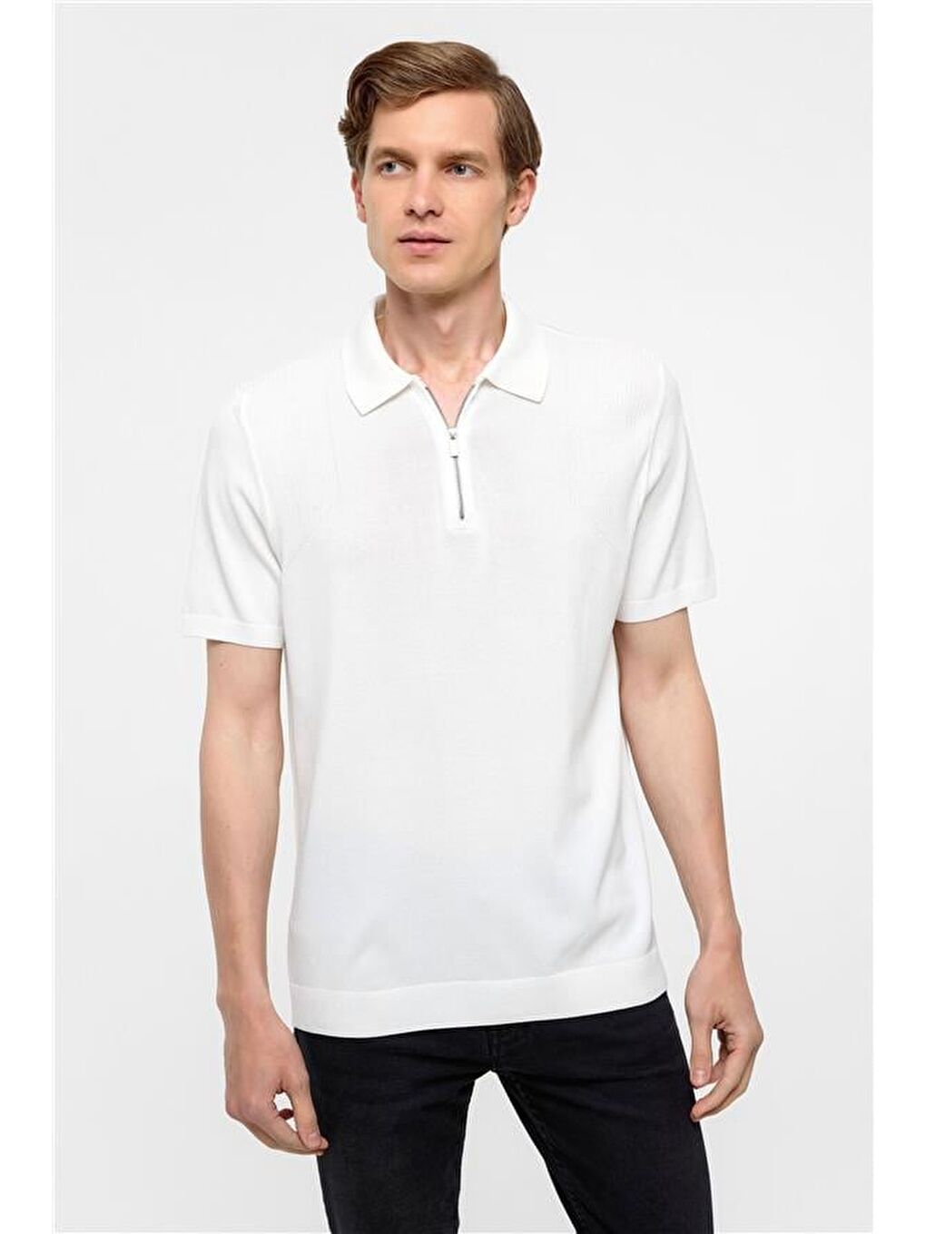 Beyaz Regular Düz Polo Yaka Triko-1