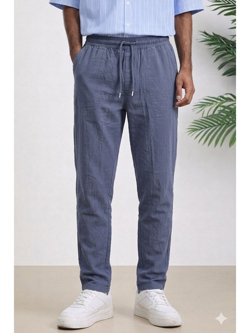 Antrasit Lacivert Renk Erkek Yazlık Keten Karışımı Relaxed Pantolon