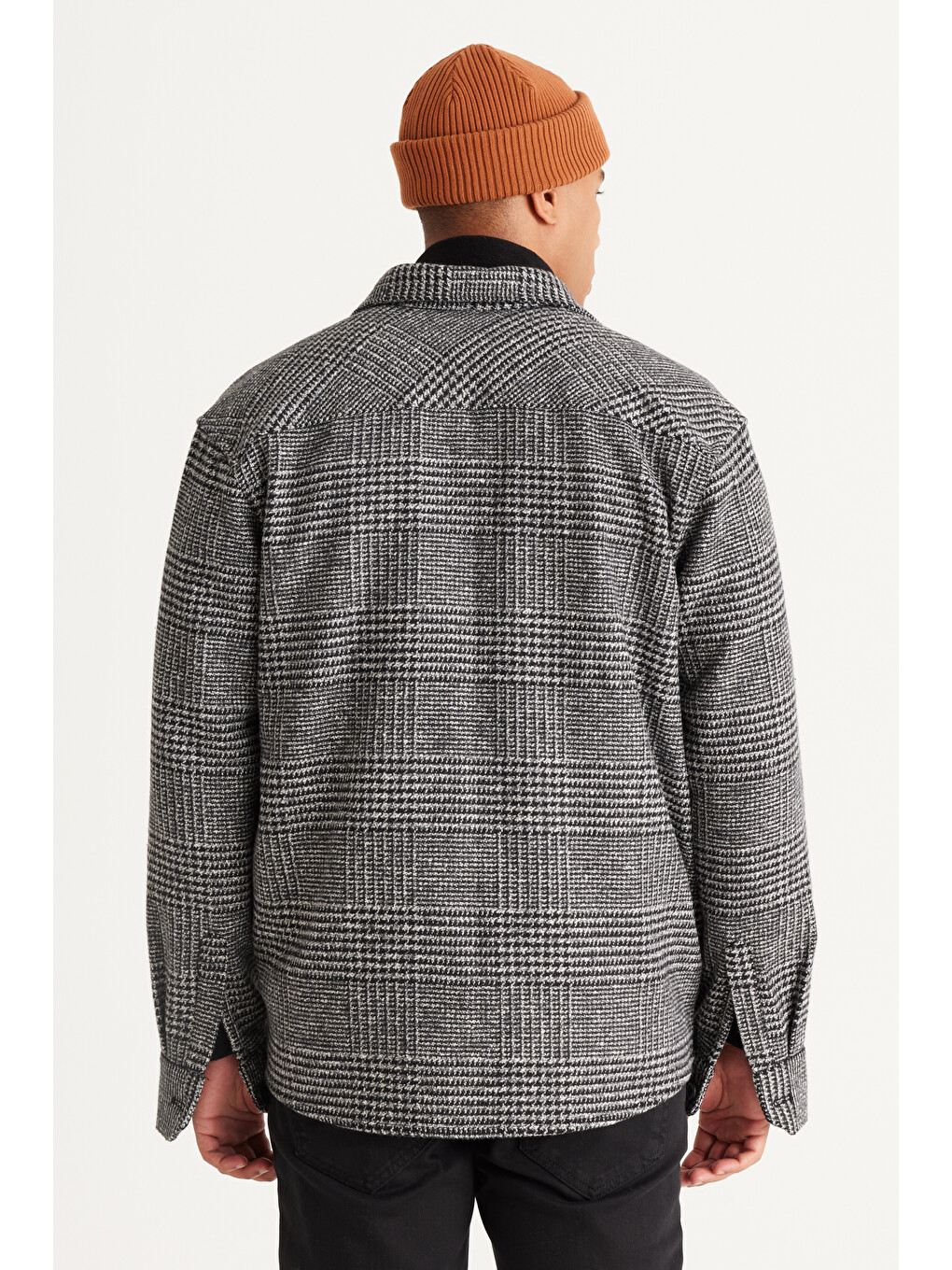 Erkek Siyah-beyaz Oversize Fit Geniş Kesim Gizli Düğme Yaka Desenli Gömlek Ceket-5