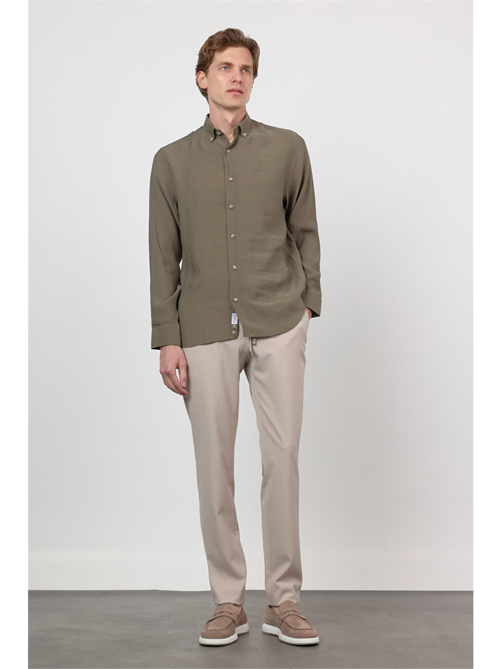 Haki Düğmeli Yaka Uzun Kol Cepsiz Slim Fit Modal Gömlek 1004260162-1