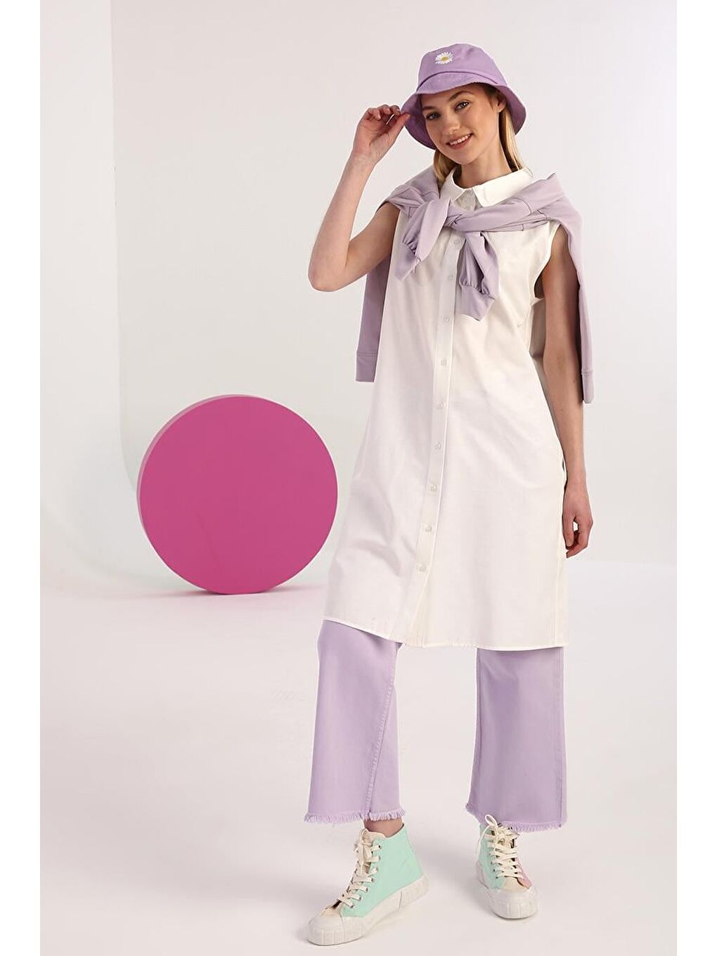 Ekru-Kolsuz Gömlek Tunik