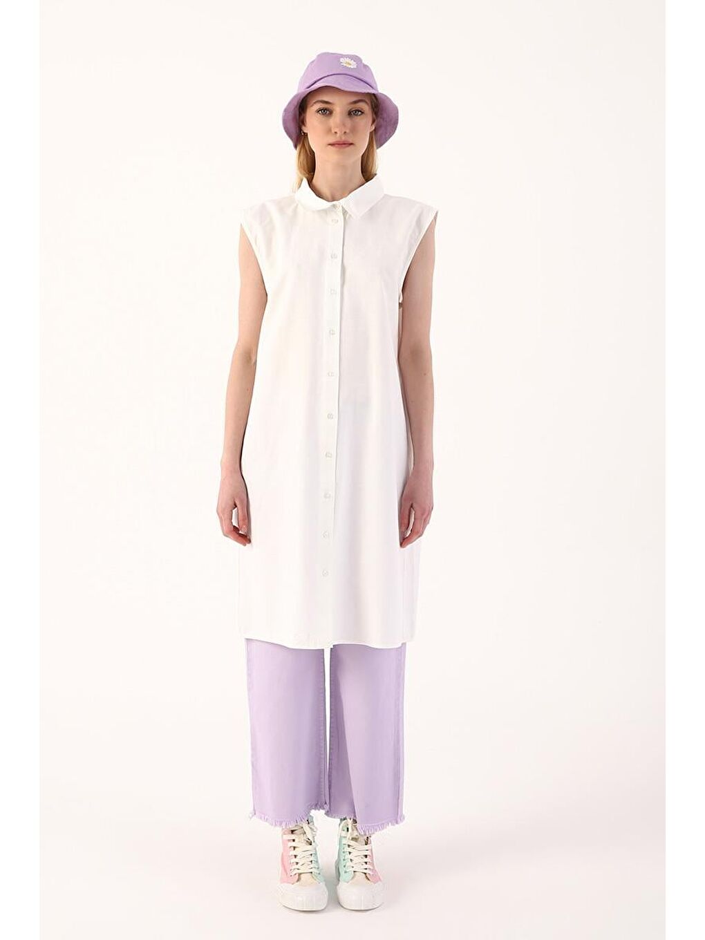 Ekru-Kolsuz Gömlek Tunik-1