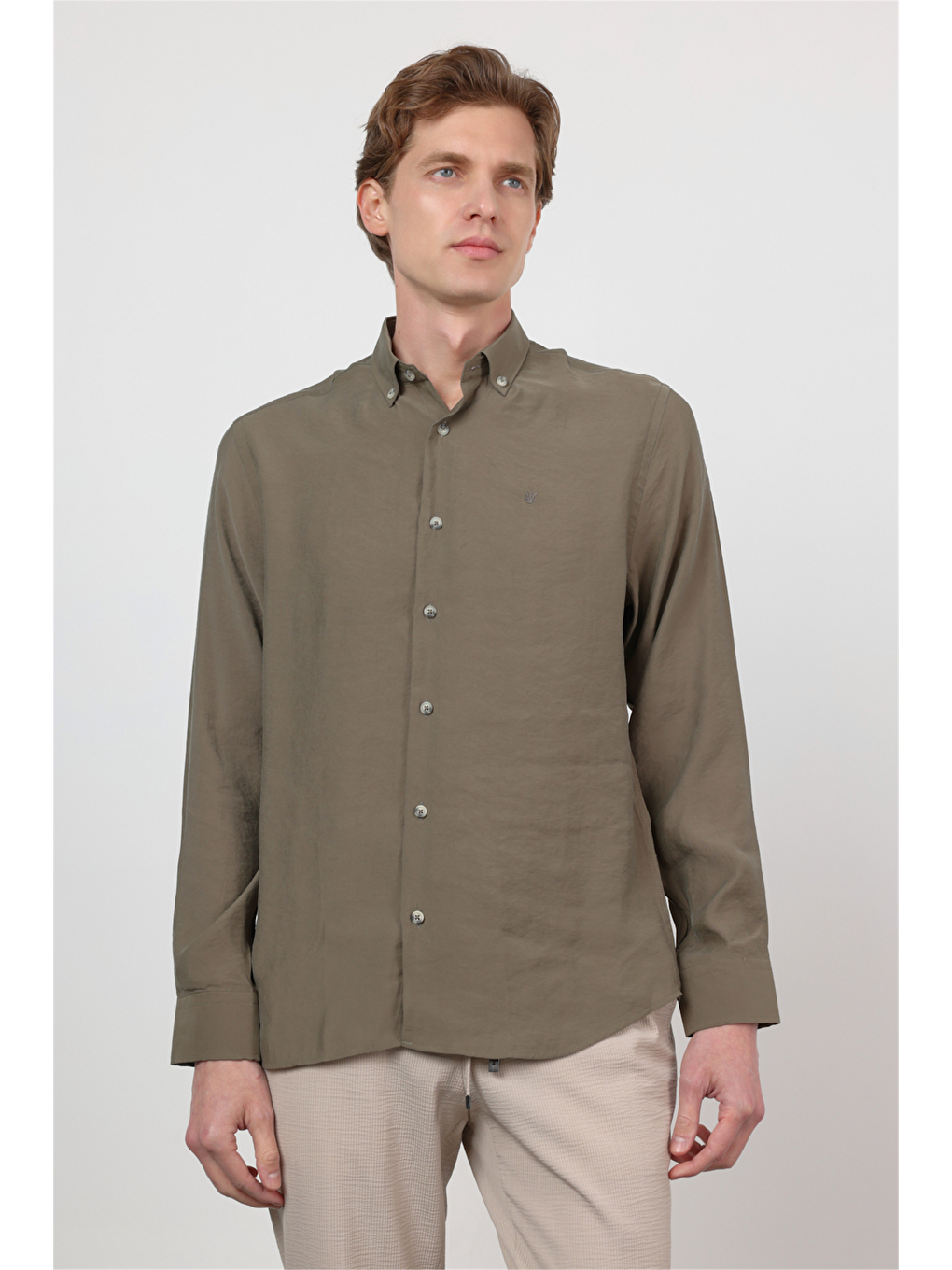Haki Düğmeli Yaka Uzun Kol Cepsiz Slim Fit Modal Gömlek 1004260162-2