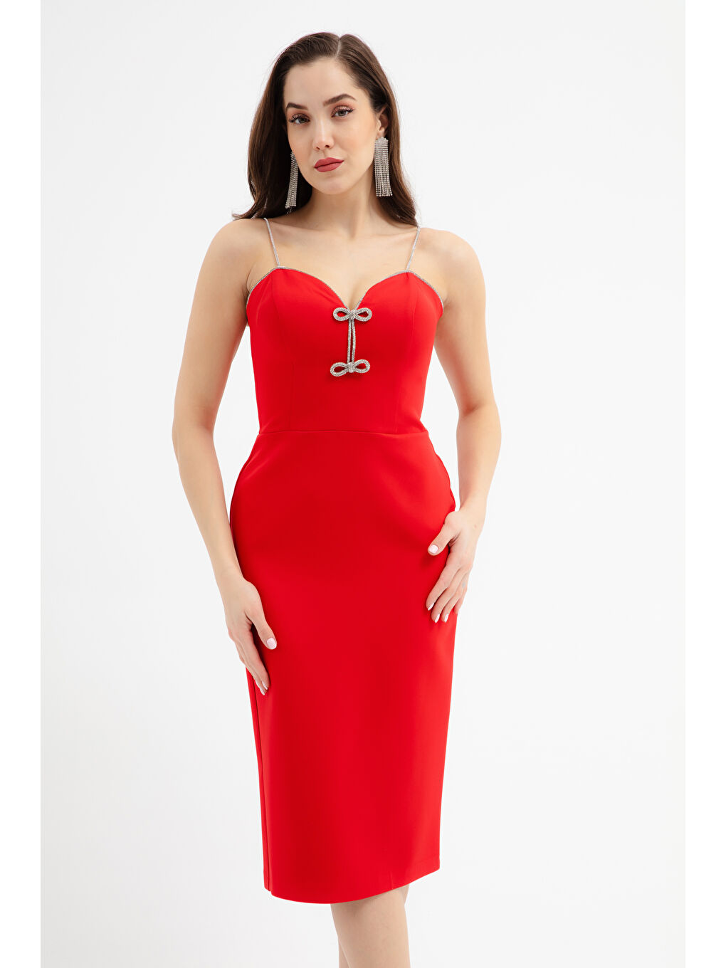 Kadın Kırmızı Taş Askılı Fiyonklu Abiye Elbise-1