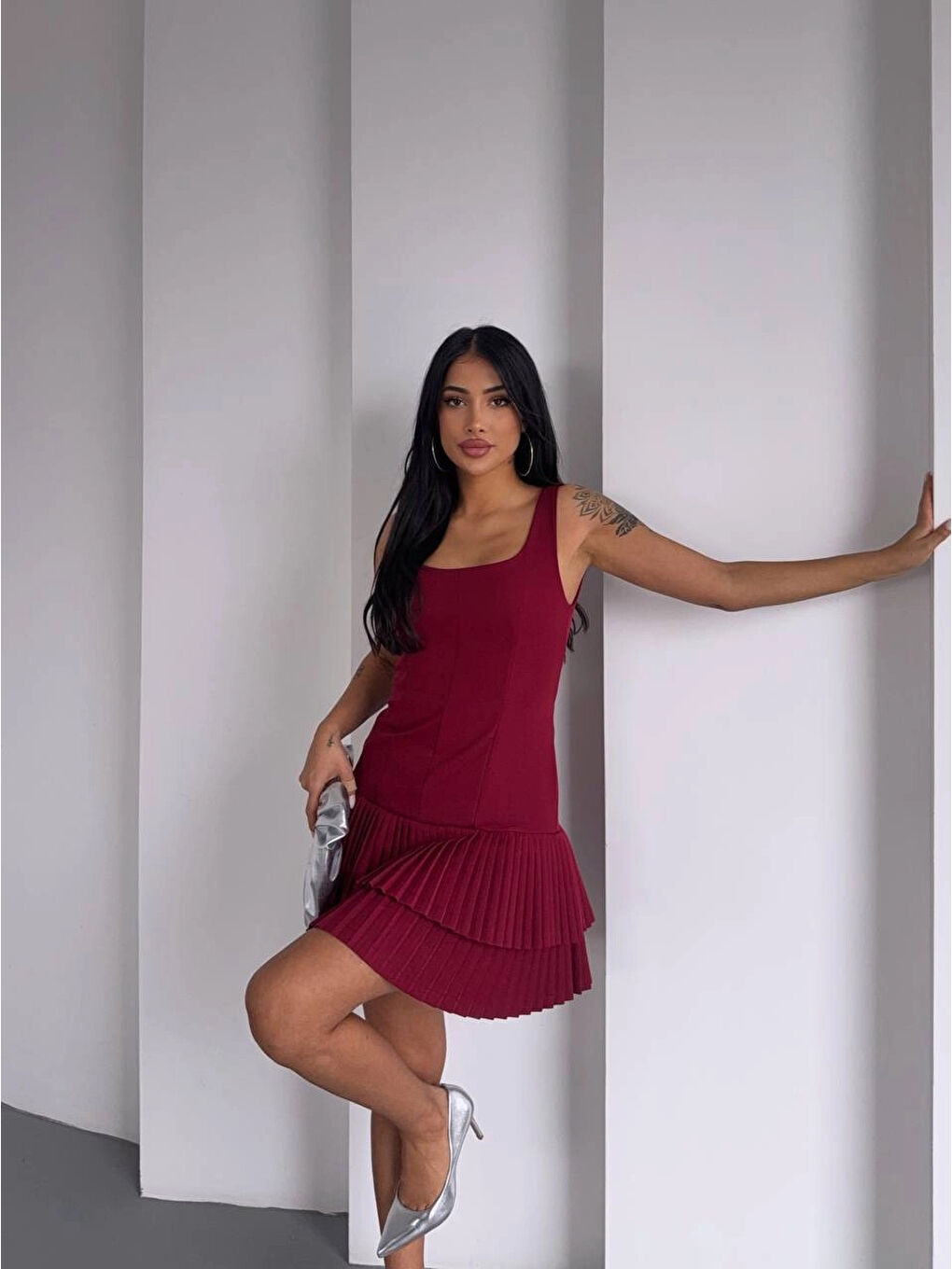 Kadın Bordo Pileli Şortlu Mini Elbise HZL25S-FRY122991-1