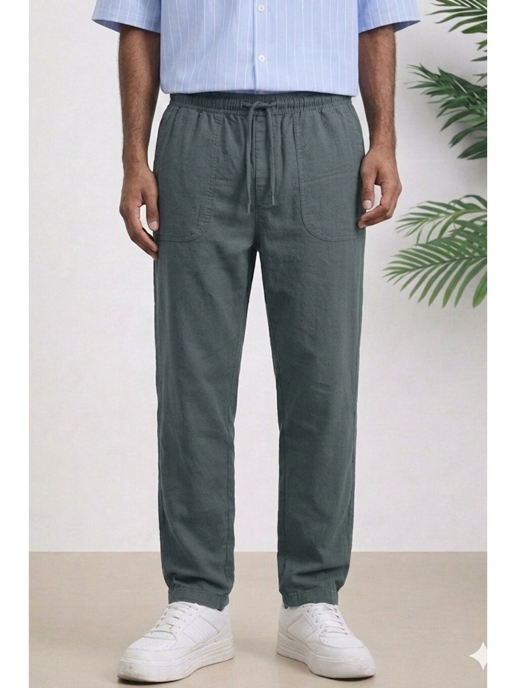 Haki Lacivert Renk Erkek Yazlık Keten Karışımı Relaxed Pantolon