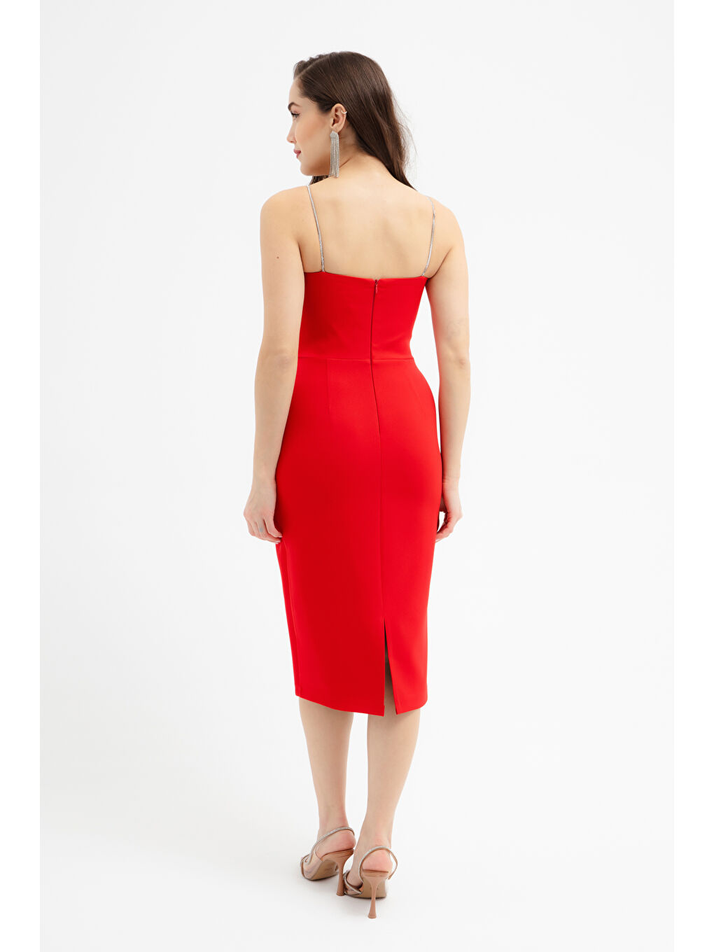 Kadın Kırmızı Taş Askılı Fiyonklu Abiye Elbise-4