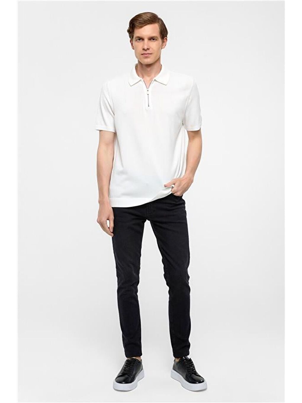 Beyaz Regular Düz Polo Yaka Triko-6