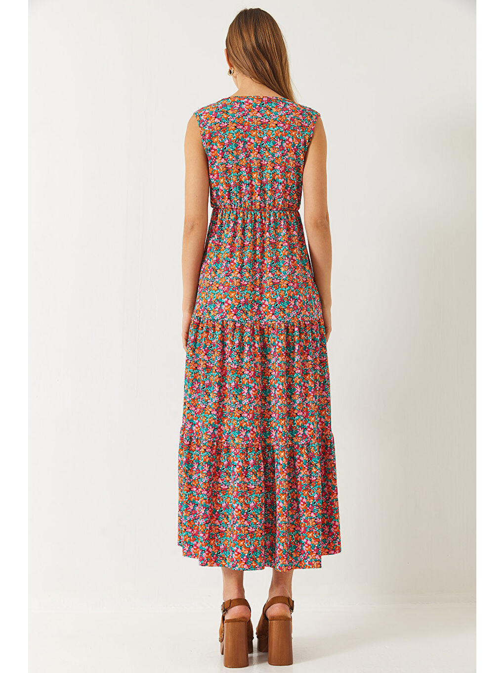 Karışık Kadın Kruvaze Yaka Kolsuz Çiçek Desenli Maxi Elbise-7