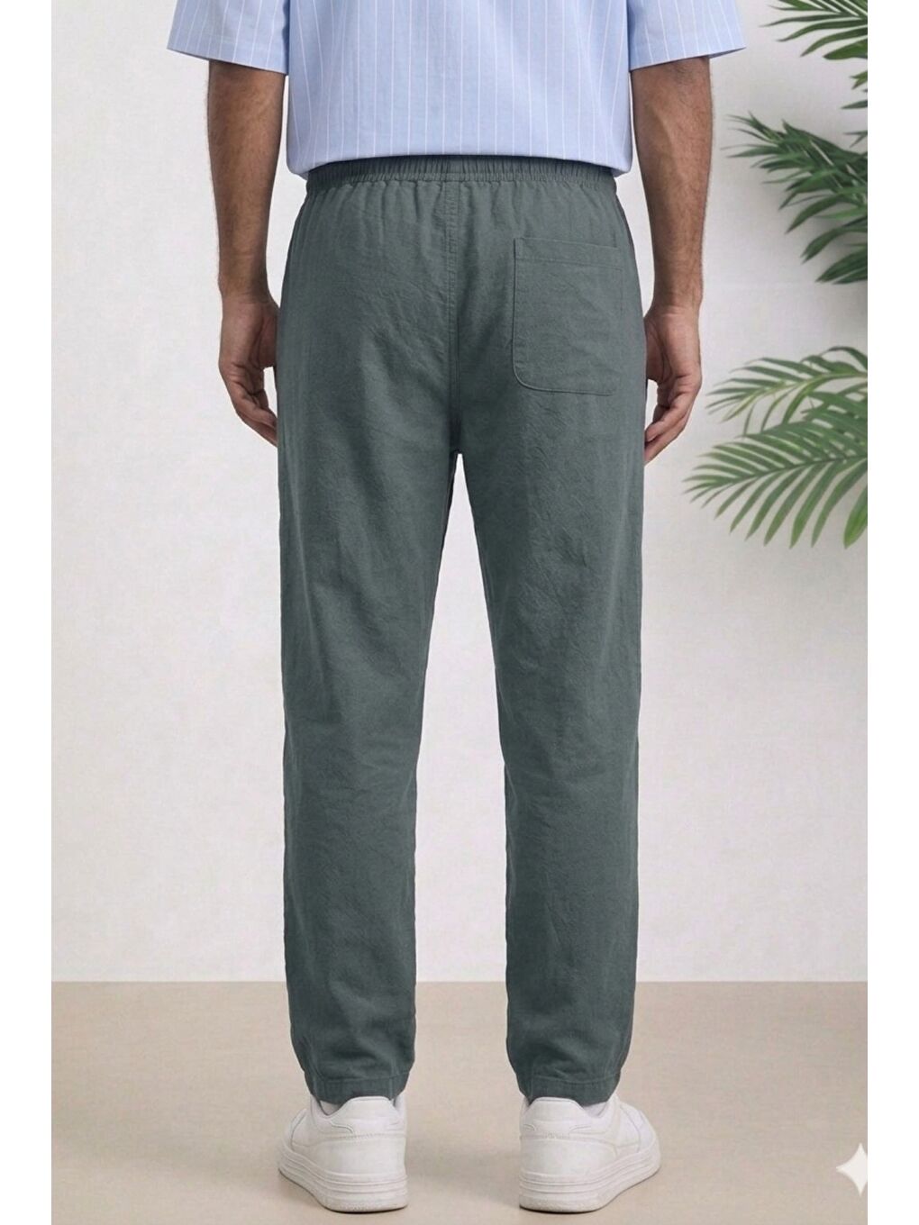 Haki Lacivert Renk Erkek Yazlık Keten Karışımı Relaxed Pantolon-1