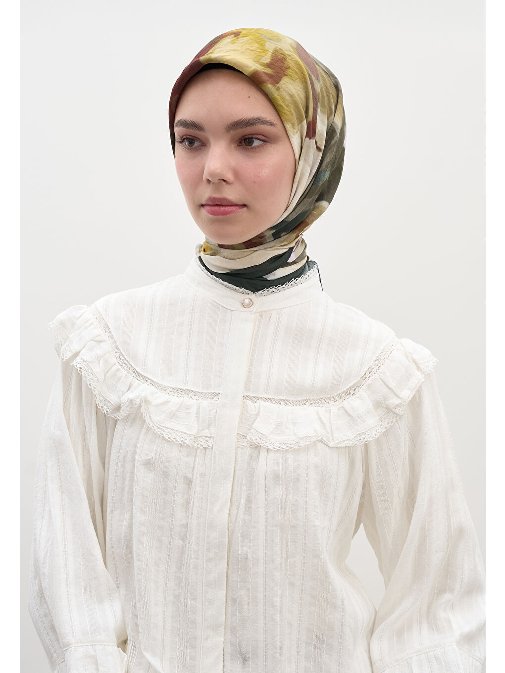 Gardenıa Desen Pamuklu Viskon Eşarp Haki