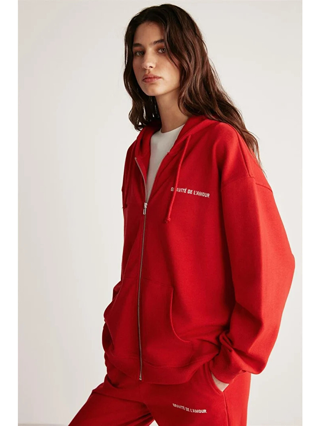 Kırmızı Ametıs Kadın Oversize Organik Pamuklu Metal Fermuarlı Kapüşonlu KIRMIZI Sweatshirt
