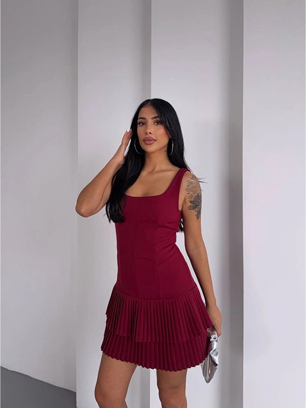 Kadın Bordo Pileli Şortlu Mini Elbise HZL25S-FRY122991-3