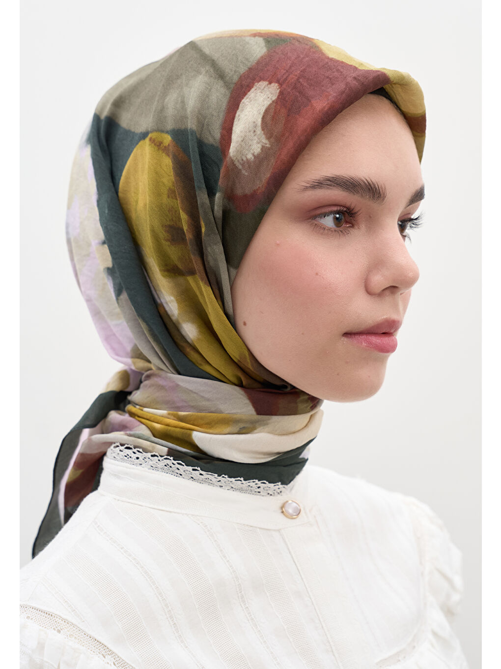 Gardenıa Desen Pamuklu Viskon Eşarp Haki-1