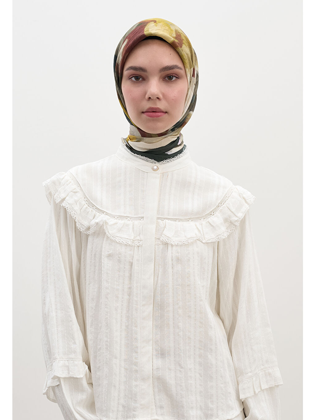 Gardenıa Desen Pamuklu Viskon Eşarp Haki-2