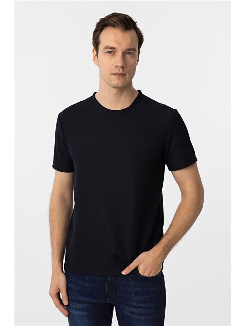 Lacivert Slim Armürlü Bisiklet Yaka Tişört