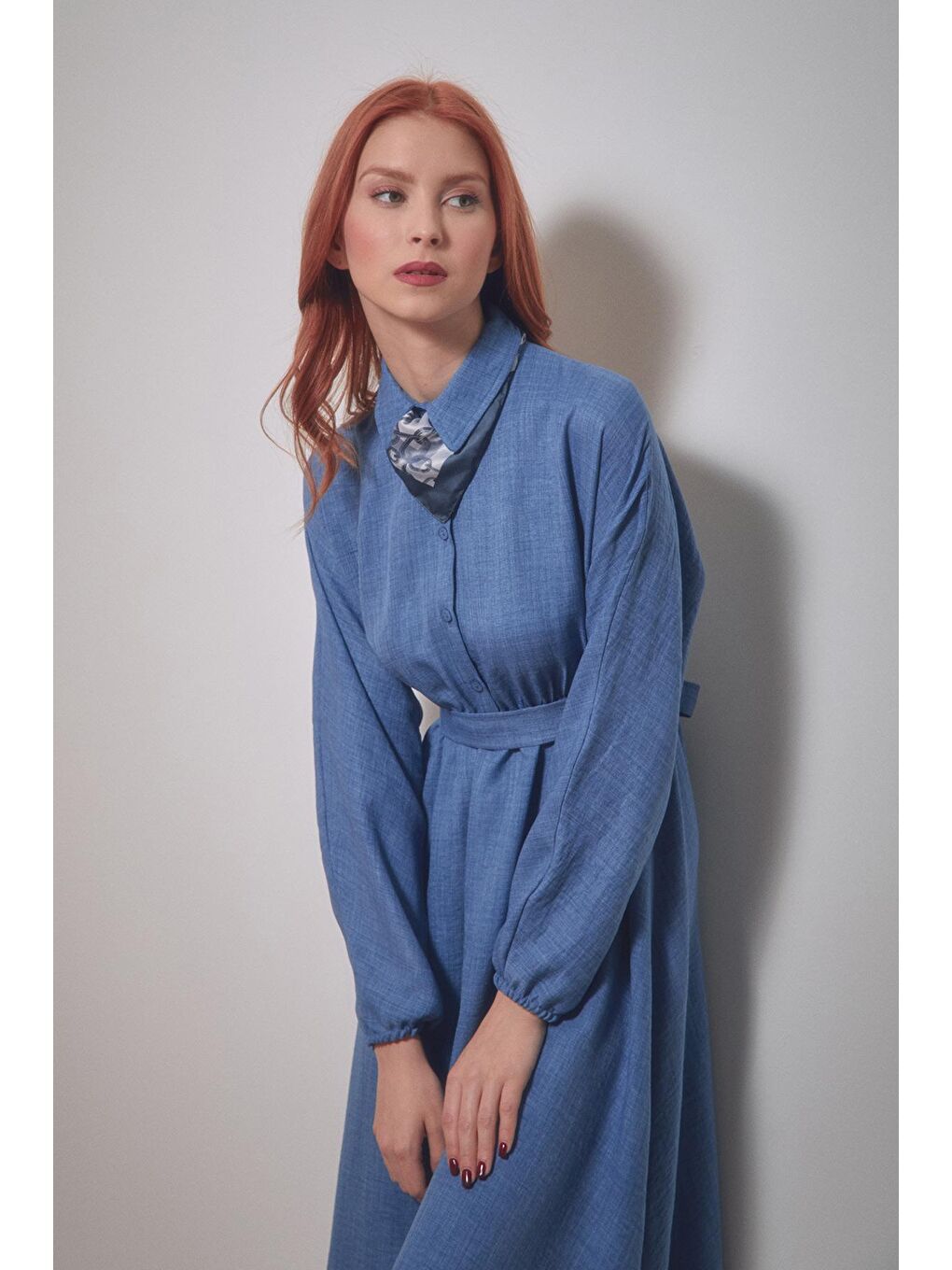 İndigo Kuşaklı Gömlek Yaka Elbise-1
