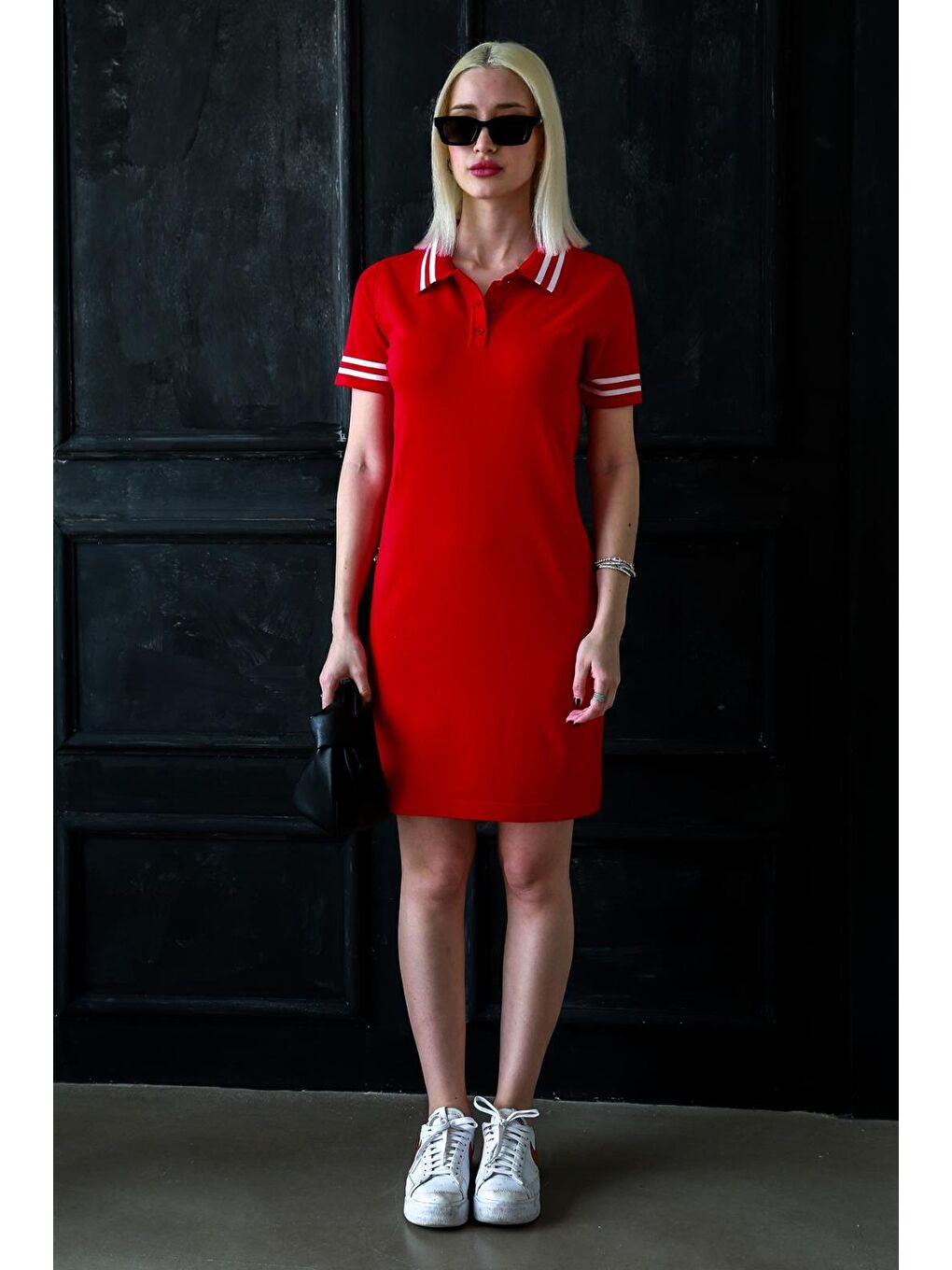 Kırmızı Polo Yaka Şerit Detaylı Kadın Elbise Mg2344-1
