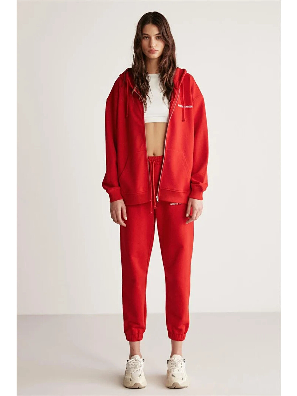 Kırmızı Ametıs Kadın Oversize Organik Pamuklu Metal Fermuarlı Kapüşonlu KIRMIZI Sweatshirt-2