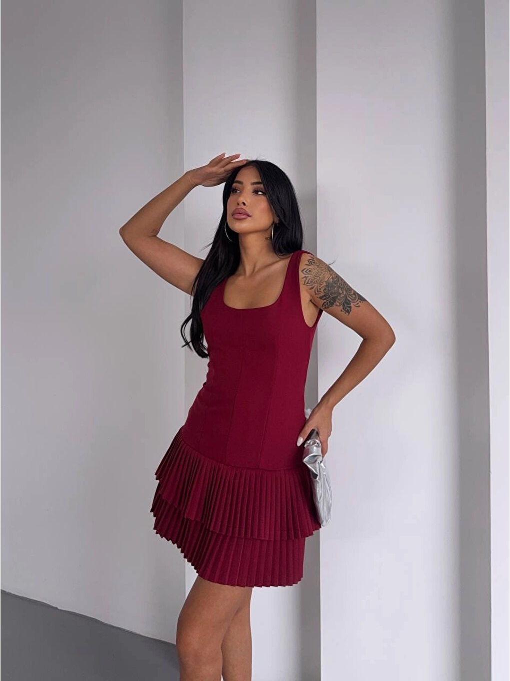 Kadın Bordo Pileli Şortlu Mini Elbise HZL25S-FRY122991-4