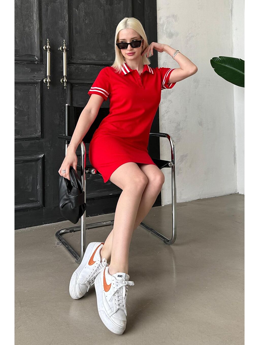 Kırmızı Polo Yaka Şerit Detaylı Kadın Elbise Mg2344-2