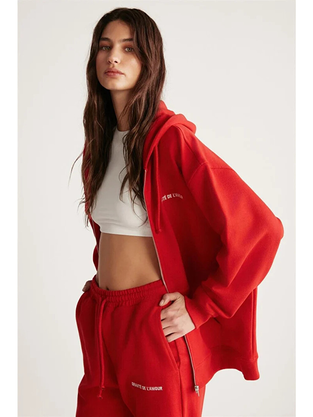 Kırmızı Ametıs Kadın Oversize Organik Pamuklu Metal Fermuarlı Kapüşonlu KIRMIZI Sweatshirt-3