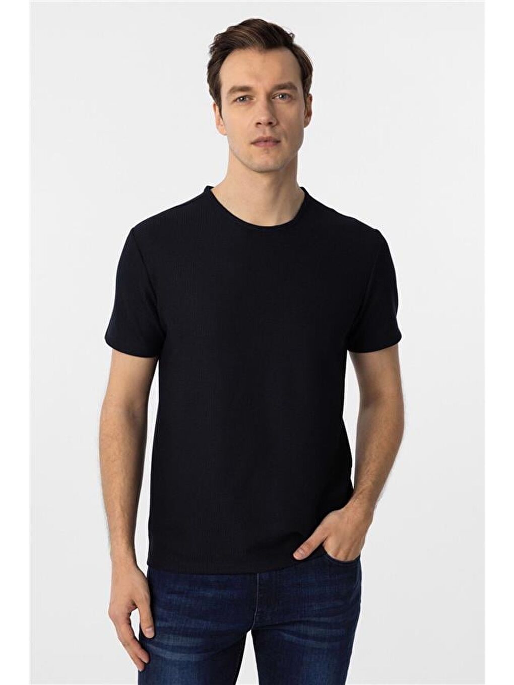 Lacivert Slim Armürlü Bisiklet Yaka Tişört-1