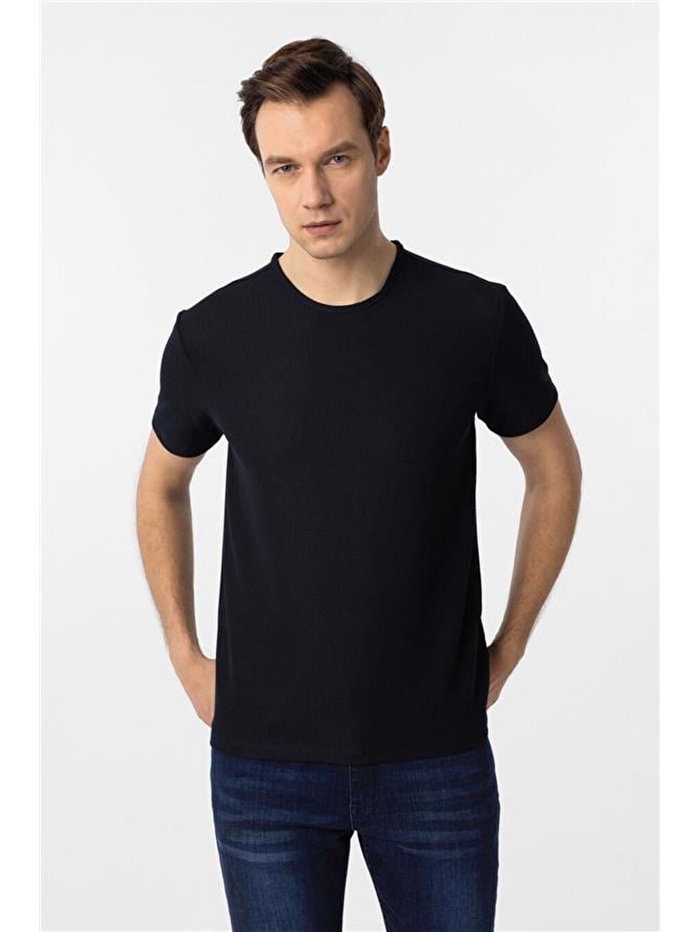 Lacivert Slim Armürlü Bisiklet Yaka Tişört-2