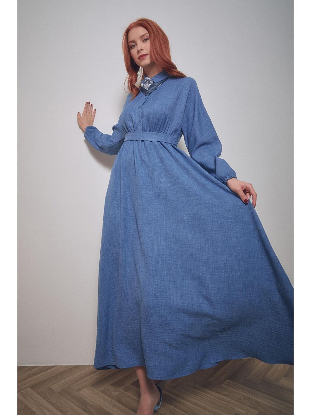 İndigo Kuşaklı Gömlek Yaka Elbise-2