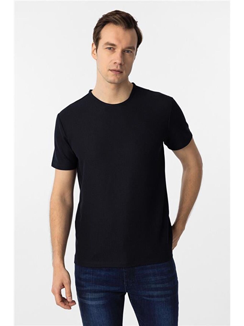 Lacivert Slim Armürlü Bisiklet Yaka Tişört-3