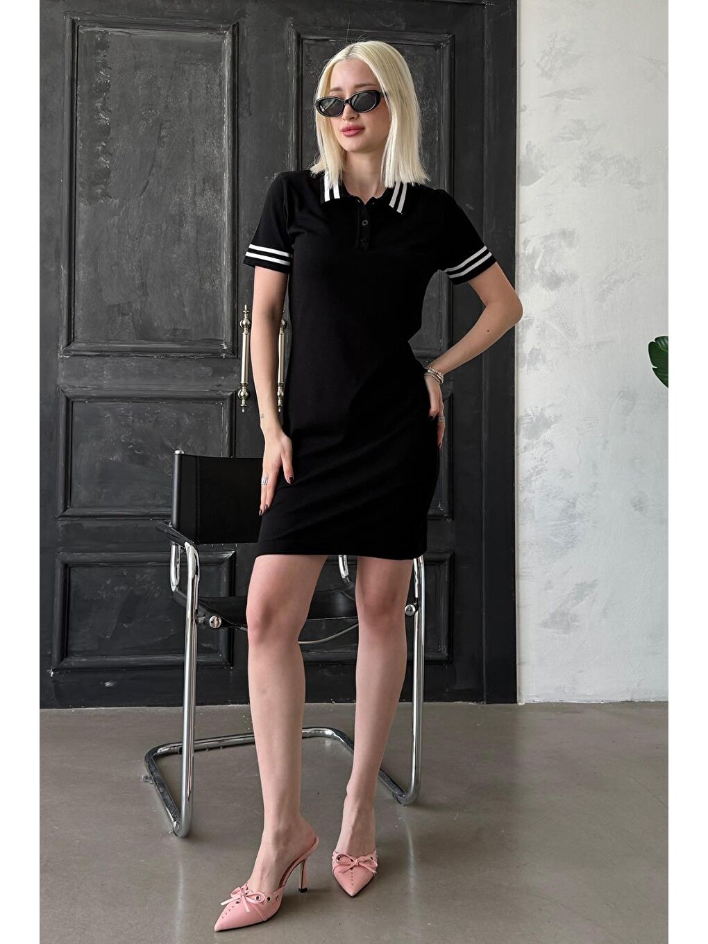Siyah Polo Yaka Şerit Detaylı Kadın Elbise Mg2344