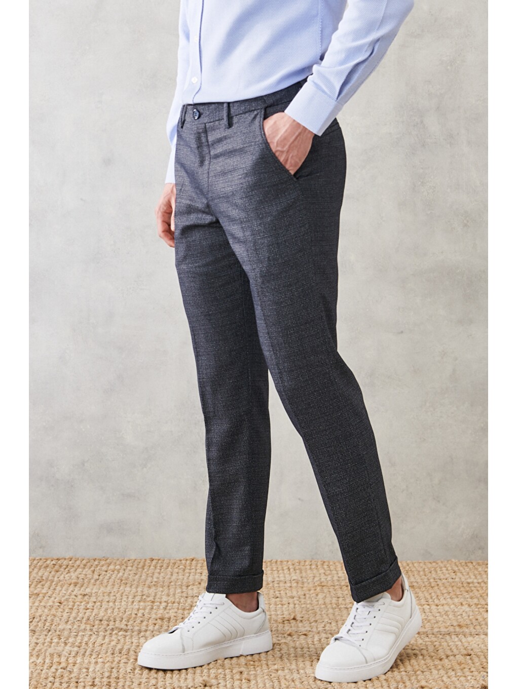 Erkek Lacivert Comfort Fit Yan Cep Beli Lastikli Desenli Klasik Pantolon