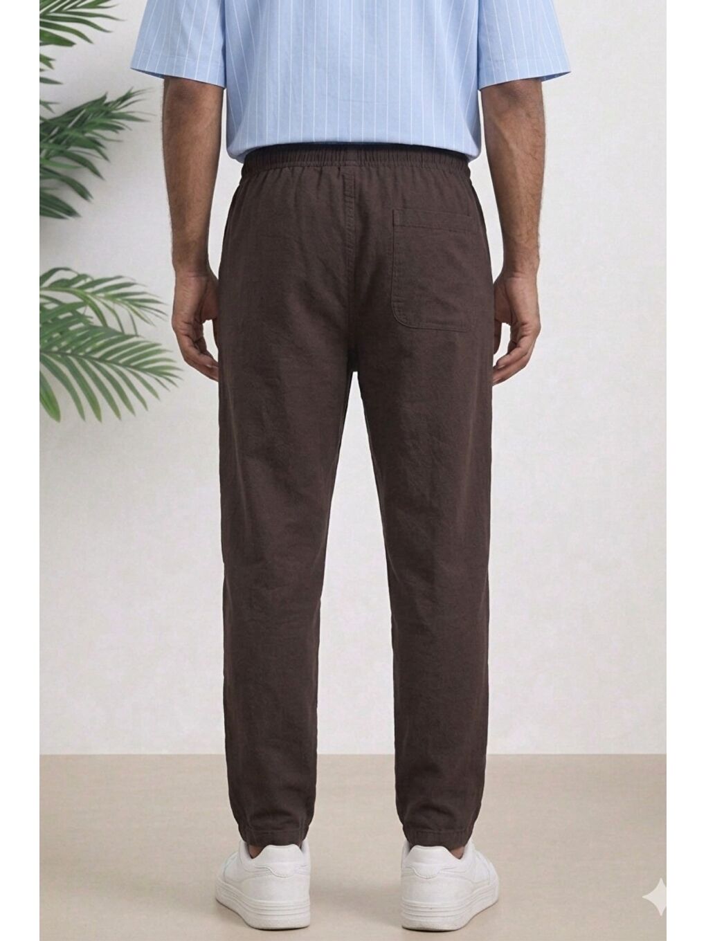 Kahverengi Lacivert Renk Erkek Yazlık Keten Karışımı Relaxed Pantolon-1