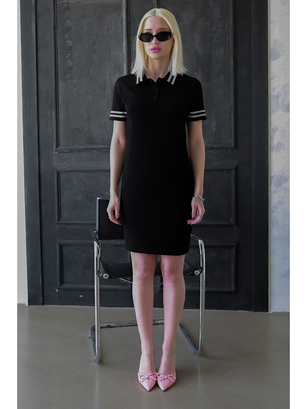 Siyah Polo Yaka Şerit Detaylı Kadın Elbise Mg2344-1