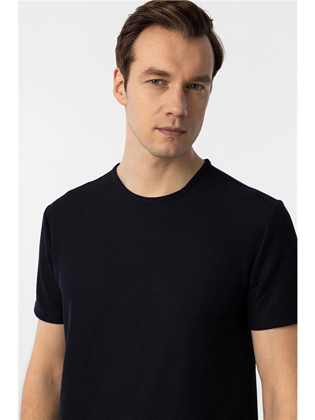 Lacivert Slim Armürlü Bisiklet Yaka Tişört-4