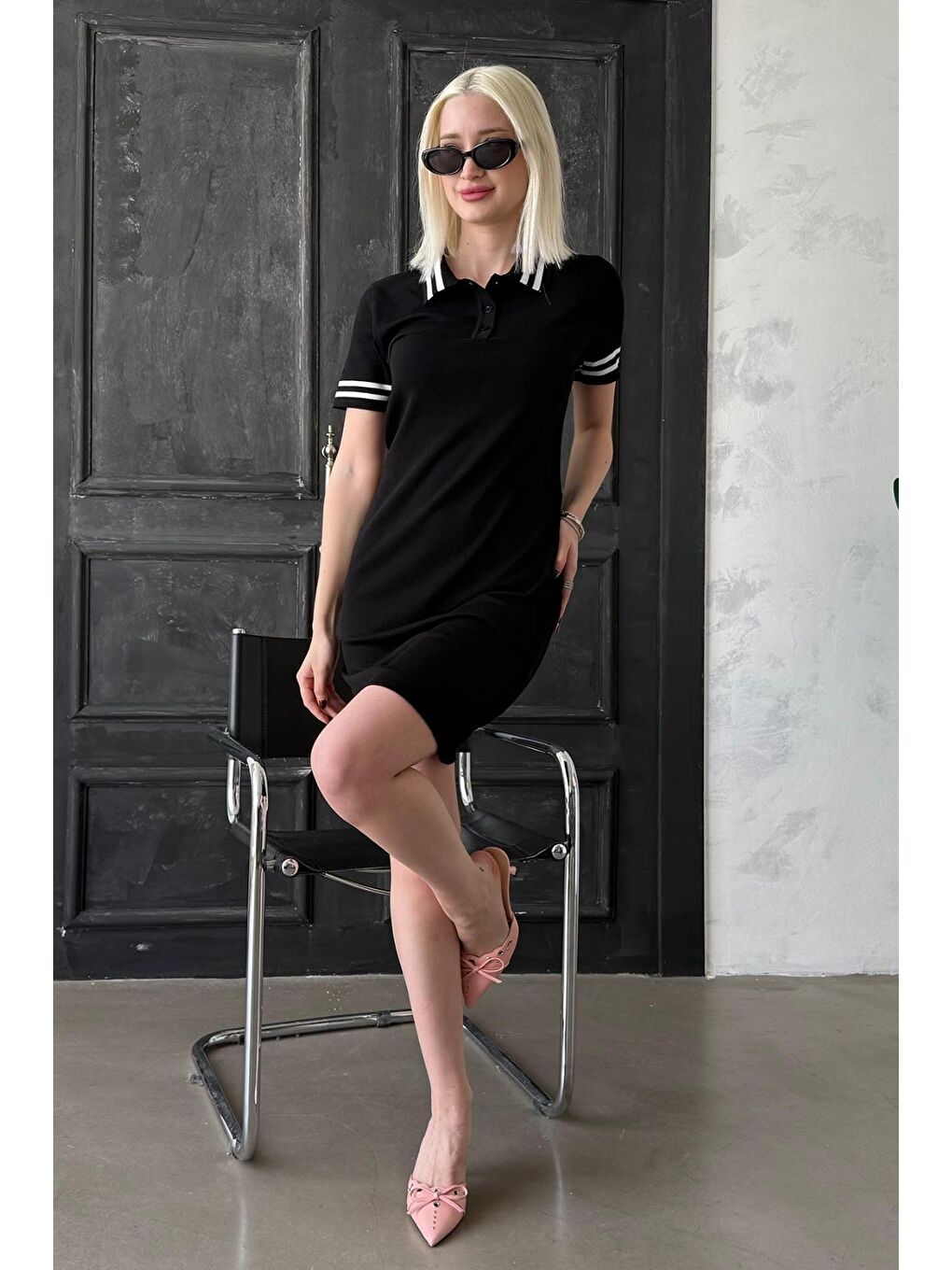 Siyah Polo Yaka Şerit Detaylı Kadın Elbise Mg2344-2