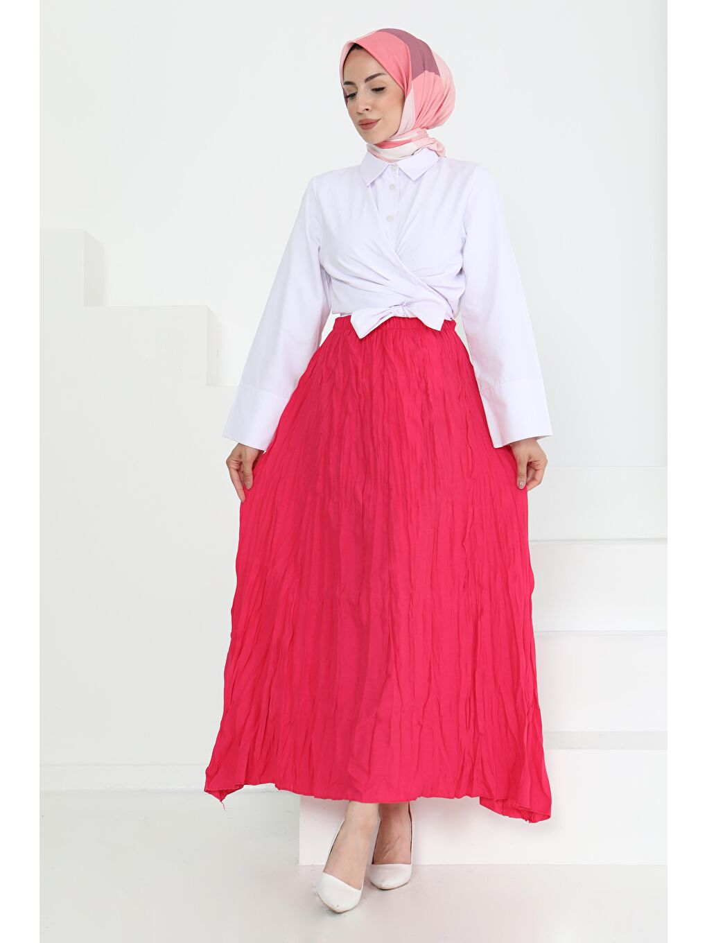 Beli Lastikli Kırışık Etek Fuşya - 27013-1