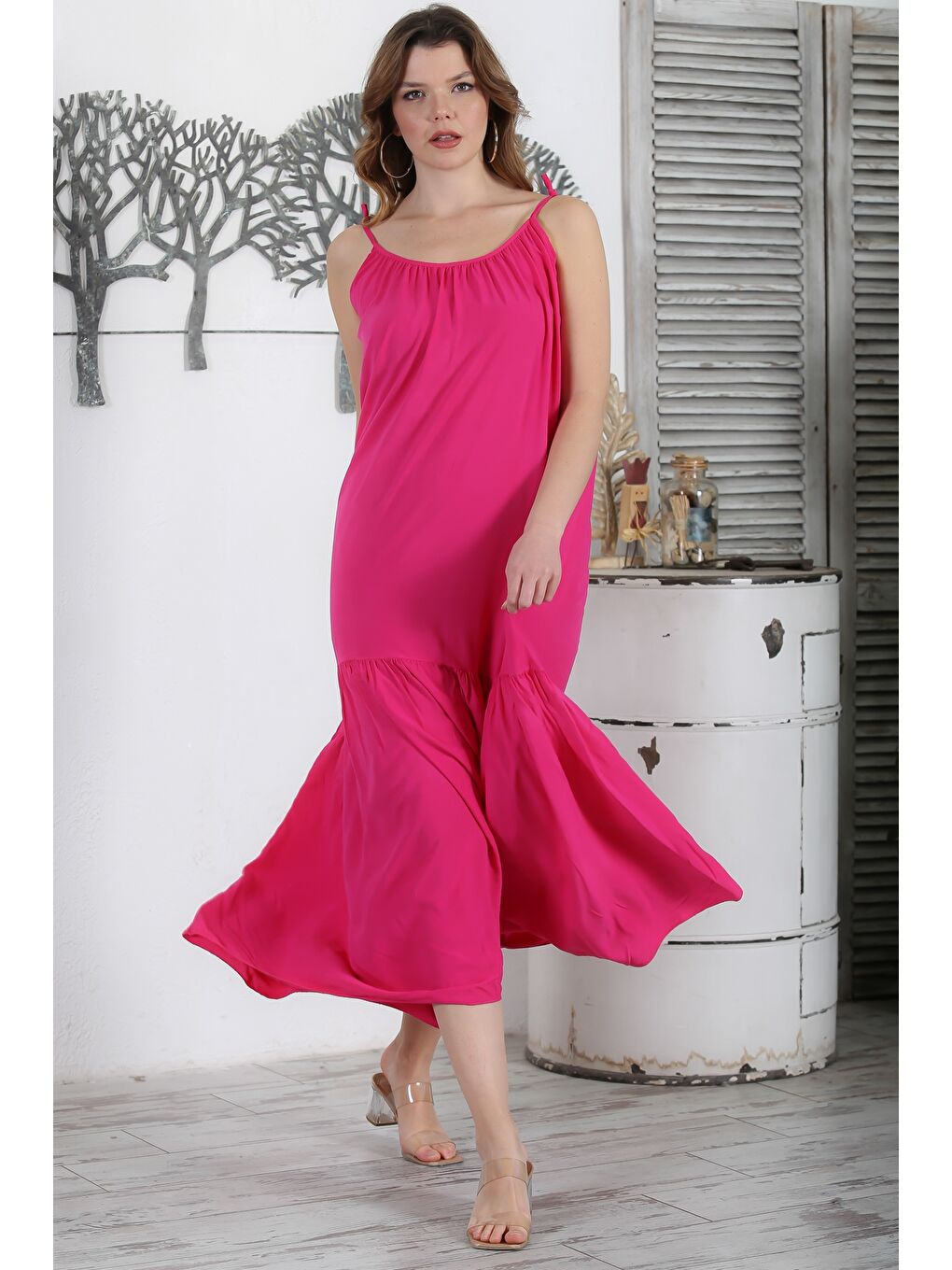 İtalyan Pembe Askılı Etek Ucu Fırfırlı Casual Dokuma Elbise 130 62