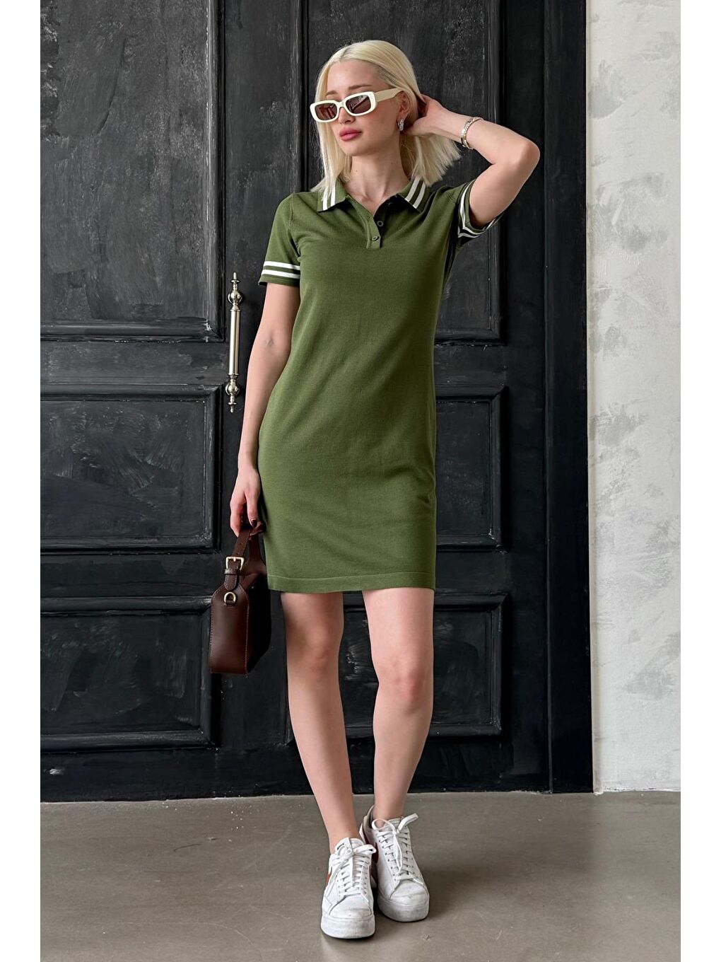 Haki Polo Yaka Şerit Detaylı Kadın Elbise Mg2344